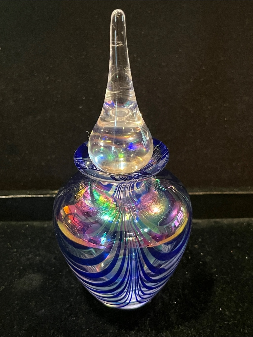 Vintage Iridescent Art Glass Perfume Bottle w/ Cobalt Blue Swirl & Stopper